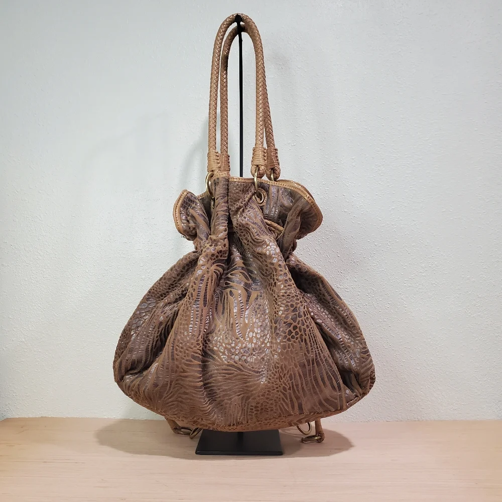 Brown Shoulder Pullstring Bag Soft Spacious Fabric Animal Pattern NWOT